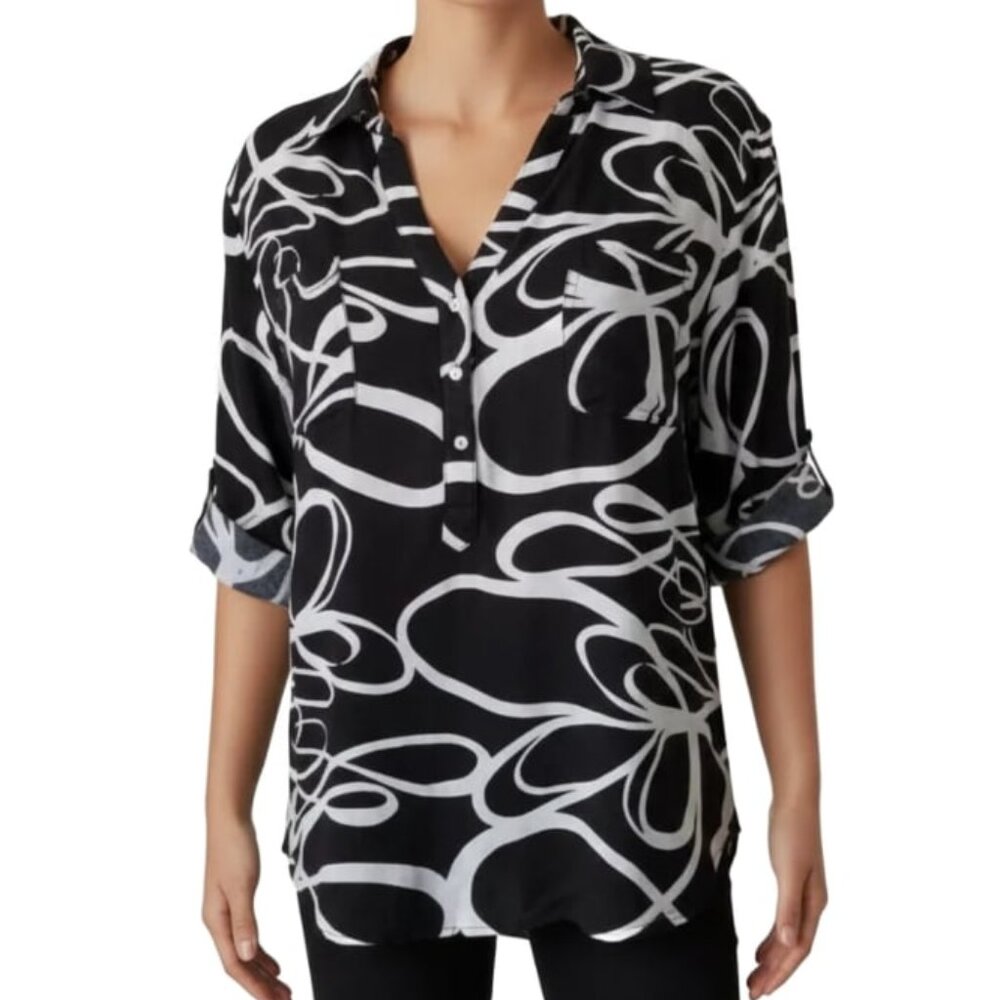 Westbound Blouse Roll Tab Sleeves Geometric Black and White Womens Size Large